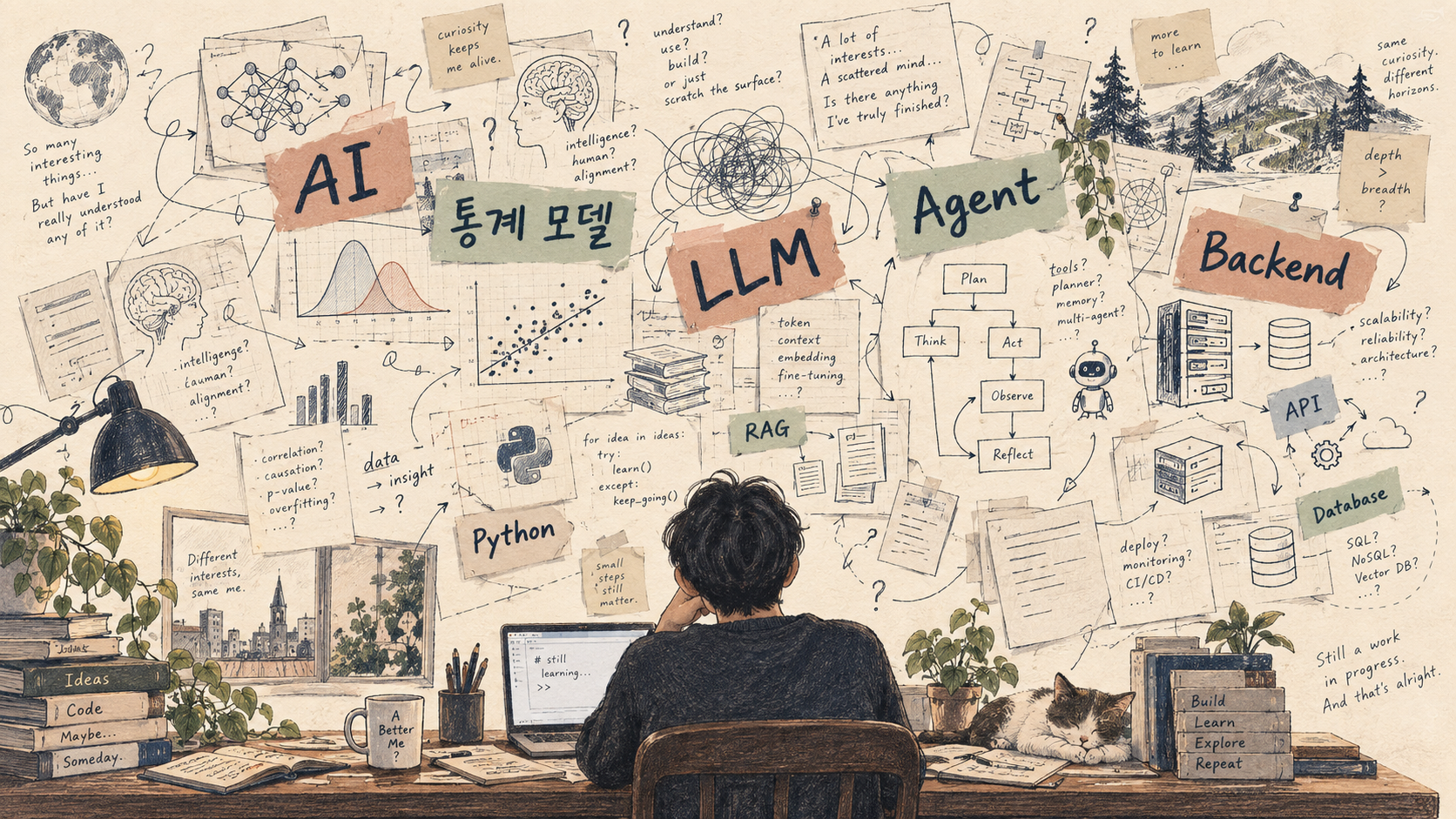 AI·통계 모델·LLM·Agent·Backend 메모와 미완성 도식이 뒤엉킨 벽 앞에서 자신의 관심과 이해를 돌아보는 개발자